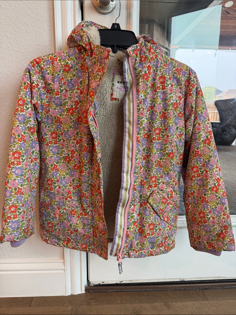 Mini Boden Girls' Floral Hooded Jacket with Sherpa Lining - Pink/Green